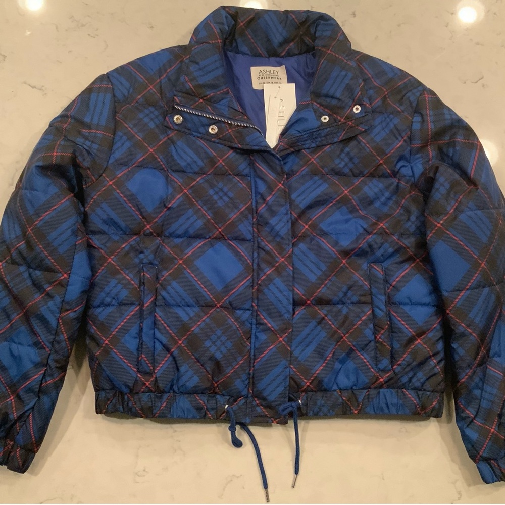 Ashley outerwear juniors blue plaid puffer jacket